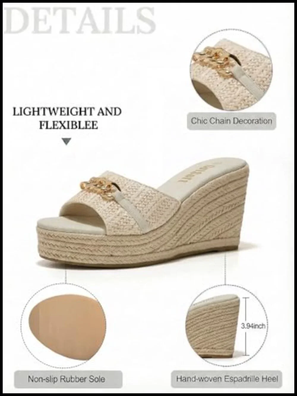 Wedge Espadrilles Sandals Chain Slip On Slides Platform Heeled Summer Shoes